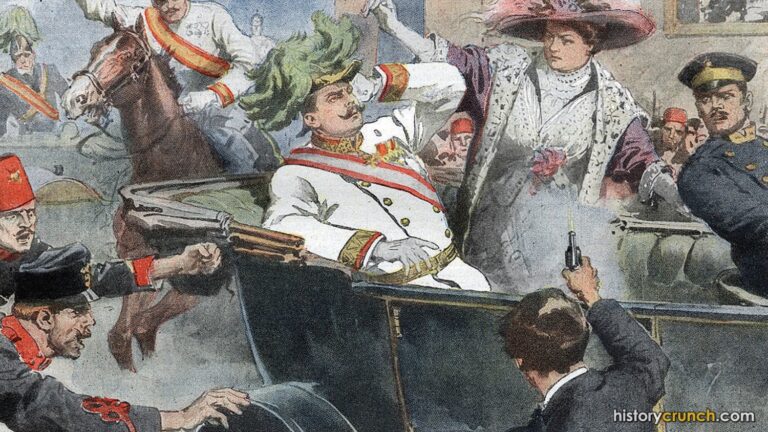 Achille Beltrame's drawing of Gavrilo Princip shooting Archduke Franz Ferdinand in Sarajevo, from an Italian newspaper. (1914)