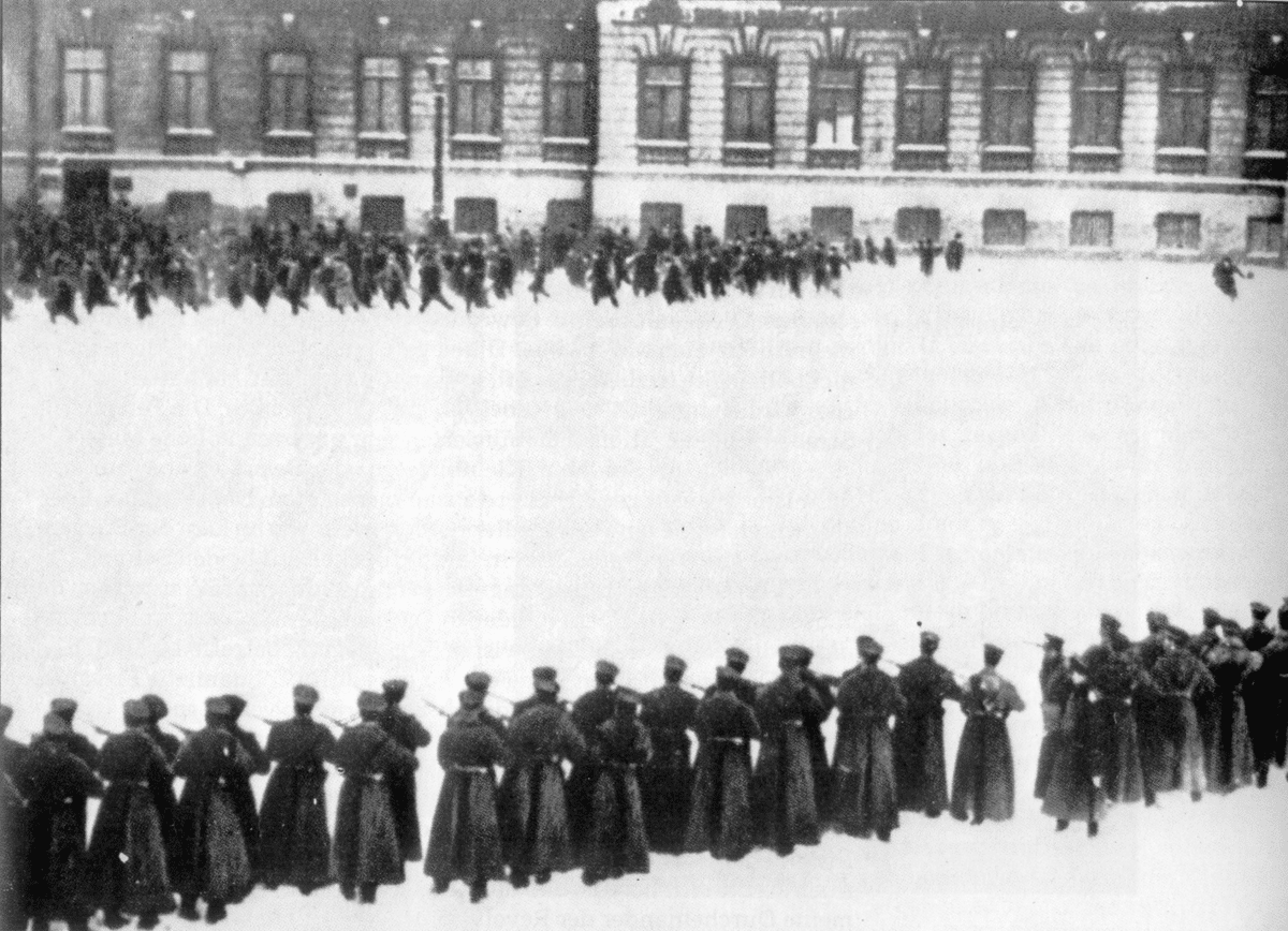 Tsar Nicholas II's soldiers shooting at protestors at the Winter Palace during the events of Bloody Sunday in 1905. This is a still shot from the Soviet Film. (1925)