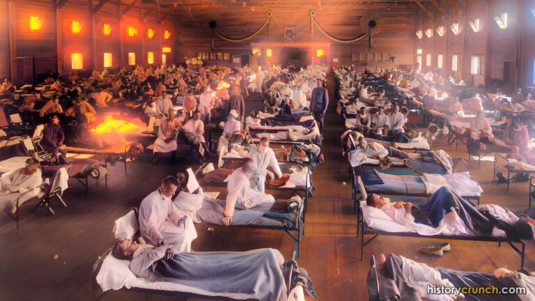 An emergency hospital at Camp Funston, Kansas, during the 1918 flu pandemic. (Colorized by historycrunch.com)