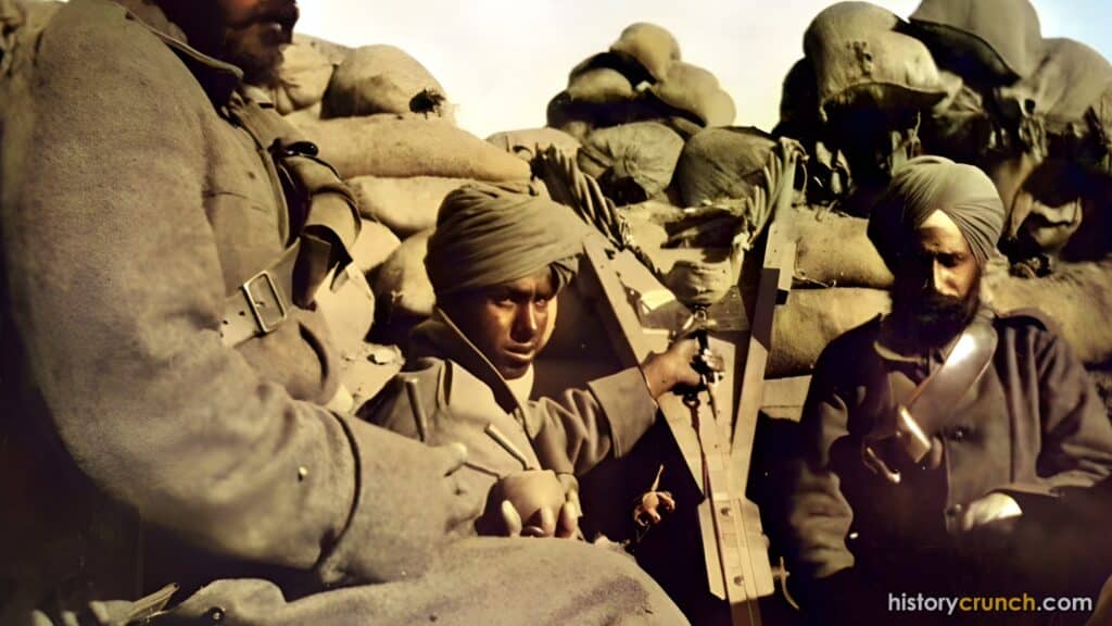 Troops of the 29th Indian Brigade in trenches at Gallipoli in 1915. Soldiers from India fought at Gallipoli alongside British, French, Australian and New Zealand forces. (Colorized by historycrunch.com)