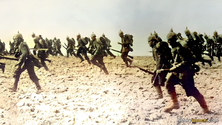 German infantry charging across an open battlefield in World War I. (Colorized by historycrunch.com)