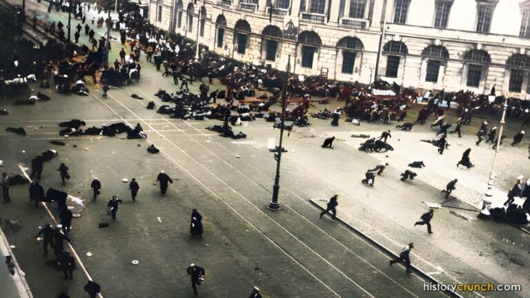 A crowd in Petrograd on July 4th, 1917, scattering as the army opens fire. (Colorized by historycrunch.com)