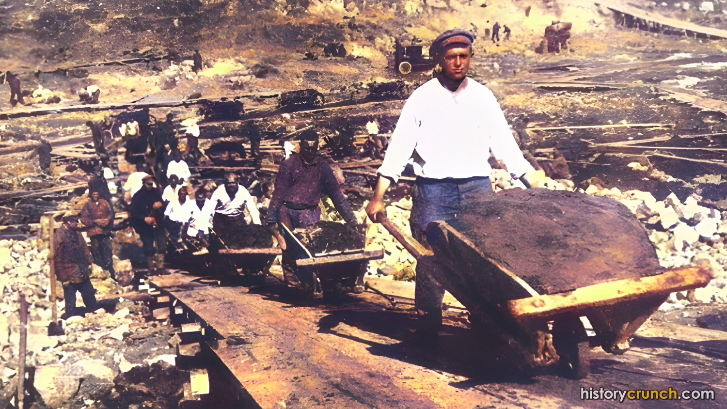 Prisoners working at Belbaltlag, a Gulag camp for building the White Sea-Baltic Sea Canal in 1932. (Colorized by historycrunch.com)