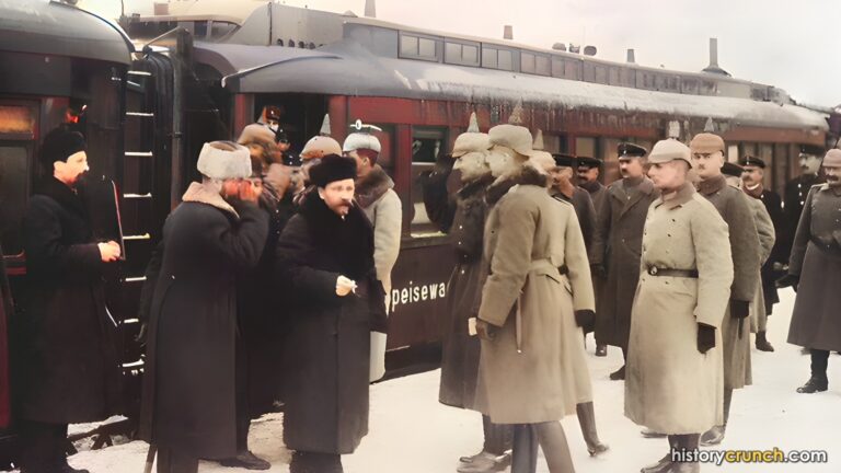 Russian officials arriving at Brest-Litovsk in 1918 to negotiate with Germany. (Colorized by historycrunch.com)