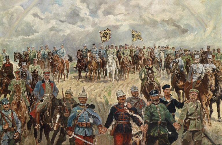 Franz Joseph I of Austria-Hungary and Wilhelm II of Germany with their generals in 1915. Both countries were members of the Triple Alliance.