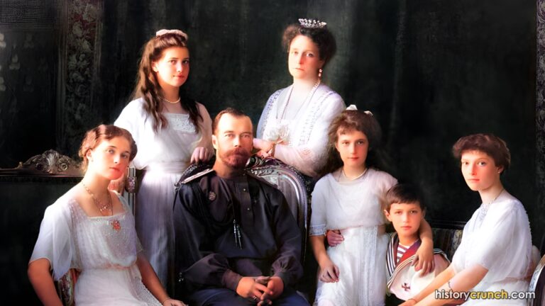 Tsar Nicholas II with his wife and children in 1913. (Colorized by historycrunch.com)