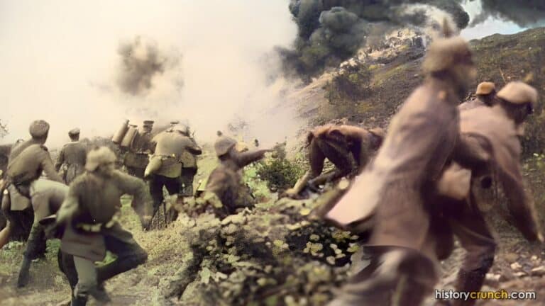 German soldiers advance during the Battle of Verdun in World War I. (Colorized by historycrunch.com)