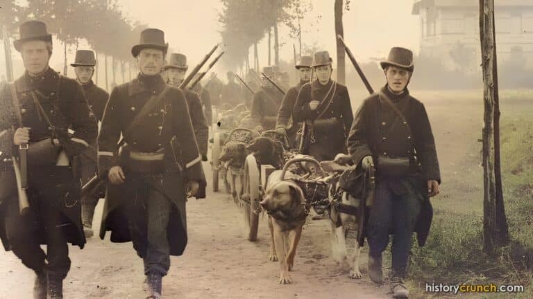 Belgian soldiers during the Battle of the Frontiers. The dogs are pulling machine guns. (Colorized by historycrunch.com)