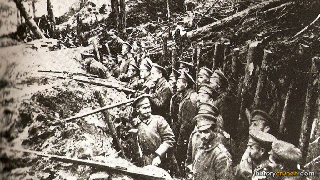 Russian soldiers in trenches on the Eastern Front of World War I.