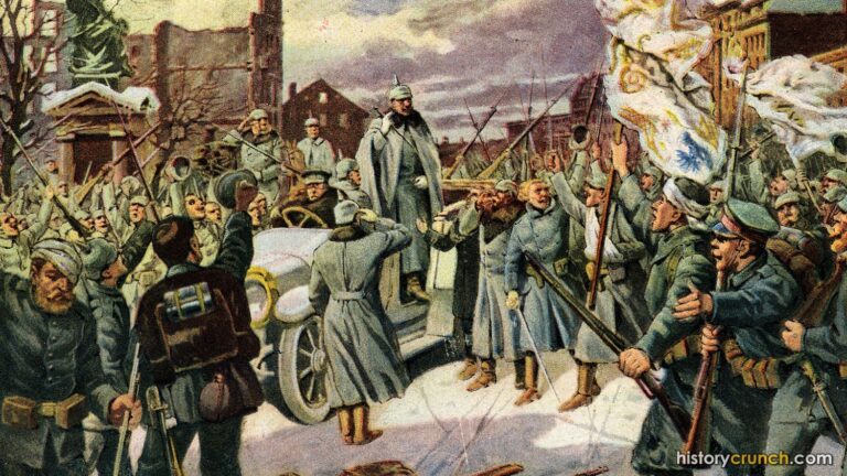 A German postcard from World War I showing soldiers cheering Kaiser Wilhelm II.