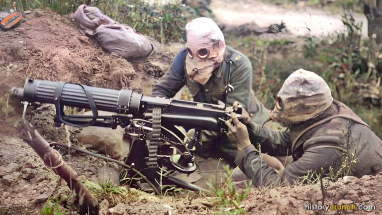 A British machine gun crew wearing gas hoods. (Colorized by historycrunch.com)