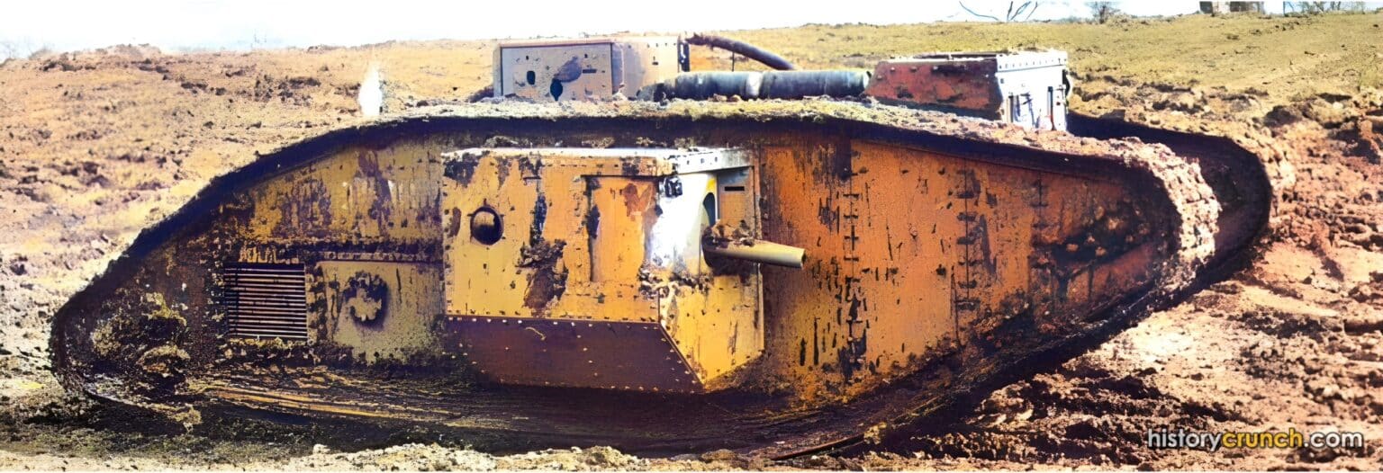 A British Mark V tank. Mark V tanks first went into battle in 1918 and helped the Allies break through German lines during the Hundred Days Offensive. (Colorized by historycrunch.com)