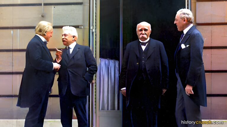 Woodrow Wilson with David Lloyd George, Vittorio Orlando and Georges Clemenceau at the Paris Peace Conference. (Colorized by historycrunch.com)
