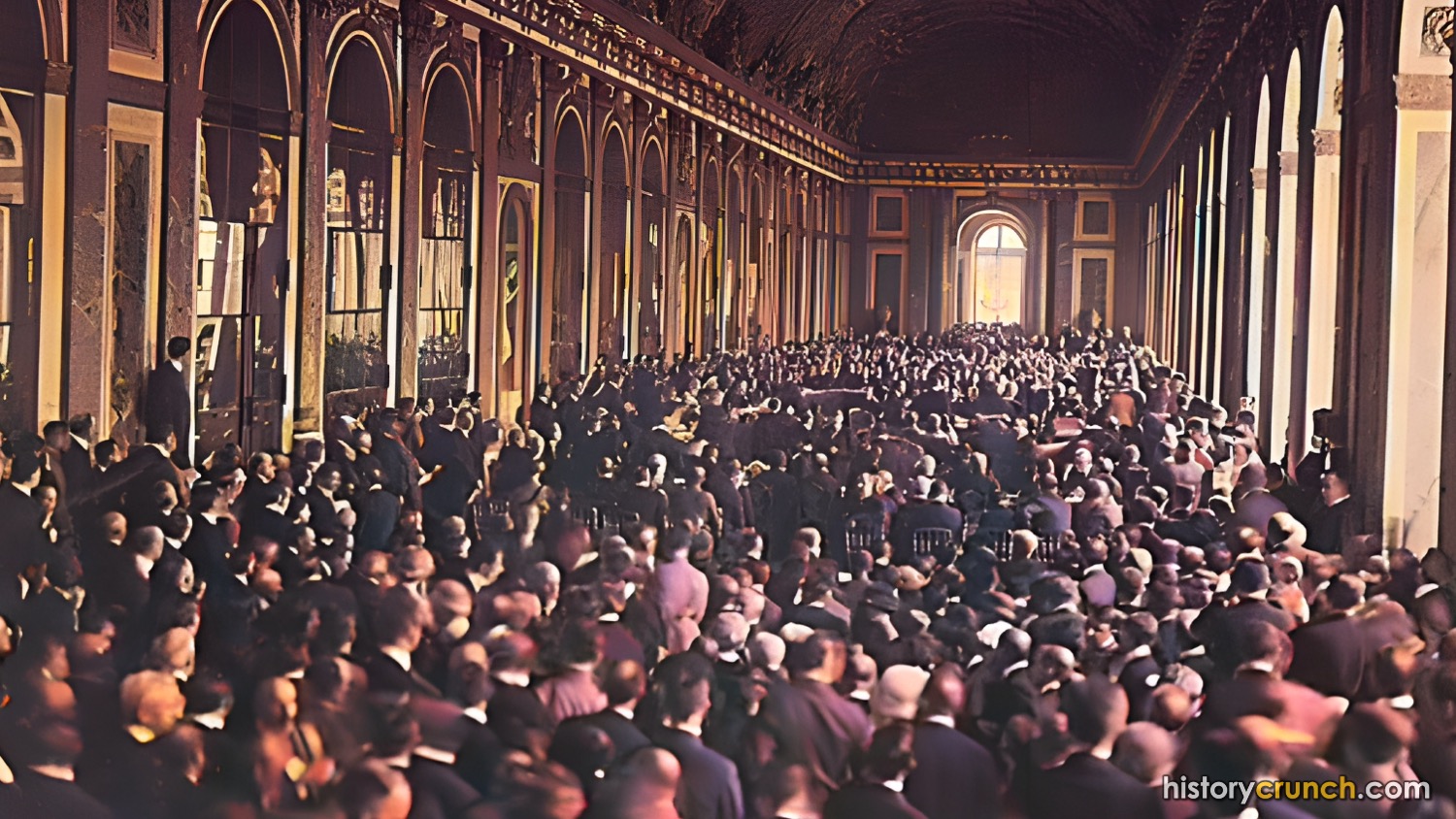 Signing of the Treaty of Versailles in the Hall of Mirrors. (Colorized by historycrunch.com)