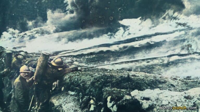 French soldiers carrying out a flame and gas attack on German trenches in the Western Front of World War I. (Colorized by historycrunch.com)