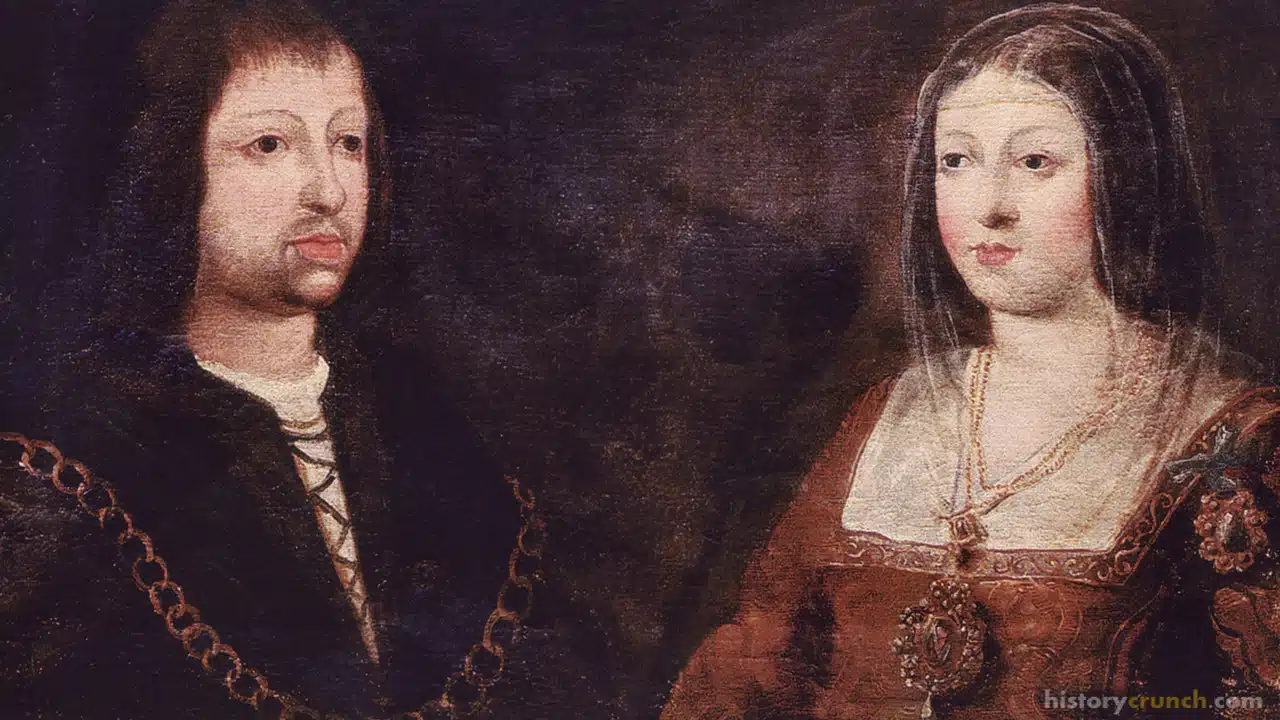 'Wedding portrait of King Ferdinand of Aragon and Queen Isabella of Castile' by an unknown artist. (15th Century) They funded Christopher Columbus' four voyages to the New World.