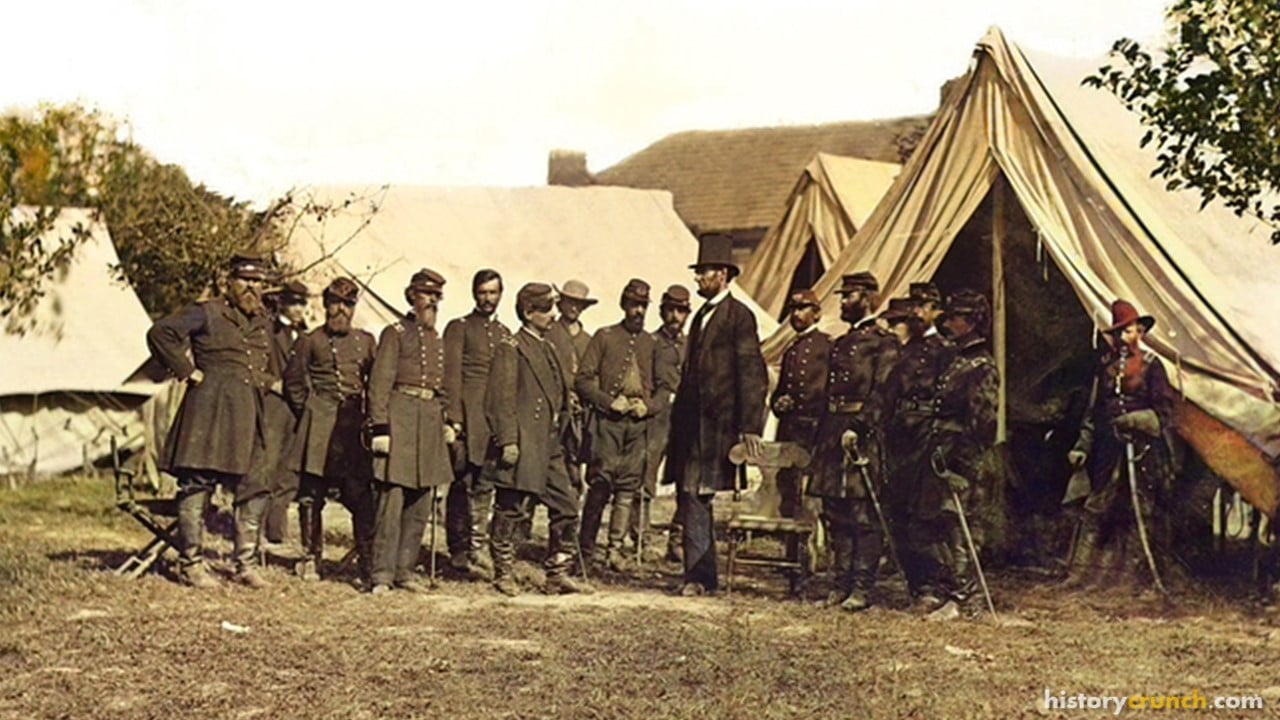 Lincoln meeting with Union Army officers on October 3rd, 1862, following the Battle of Antietam. (Colorized by historycrunch.com)