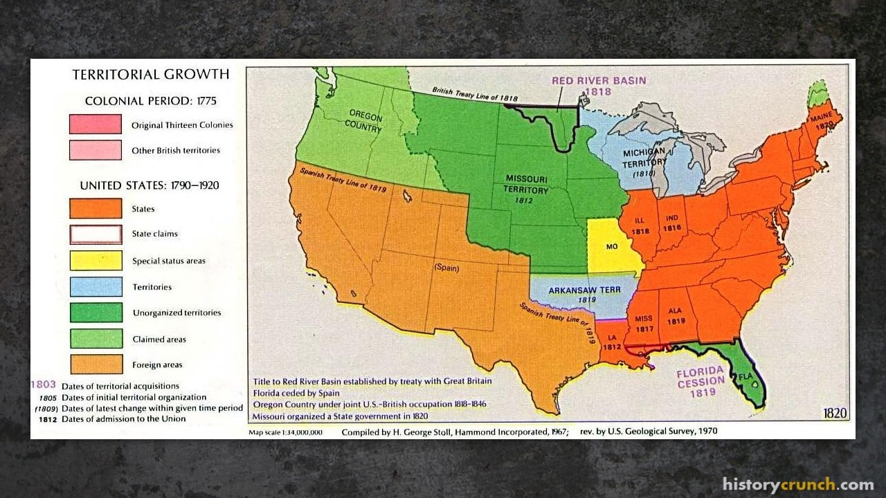 Map displaying the western expansion of the United States and the territory of the Missouri Compromise.