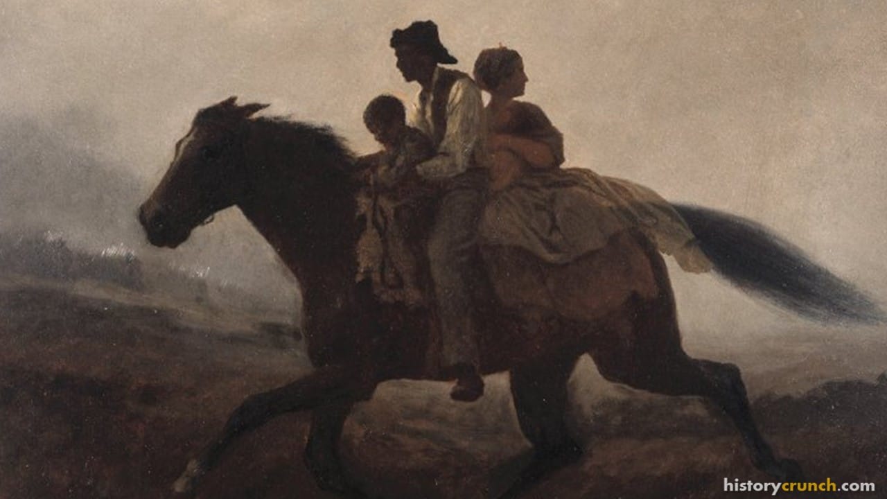 'A Ride for Liberty - The Fugitive Slaves' by Eastman Johnson. (1860) Shows African Americans fleeing slavery in the Southern United States during the American Civil War.