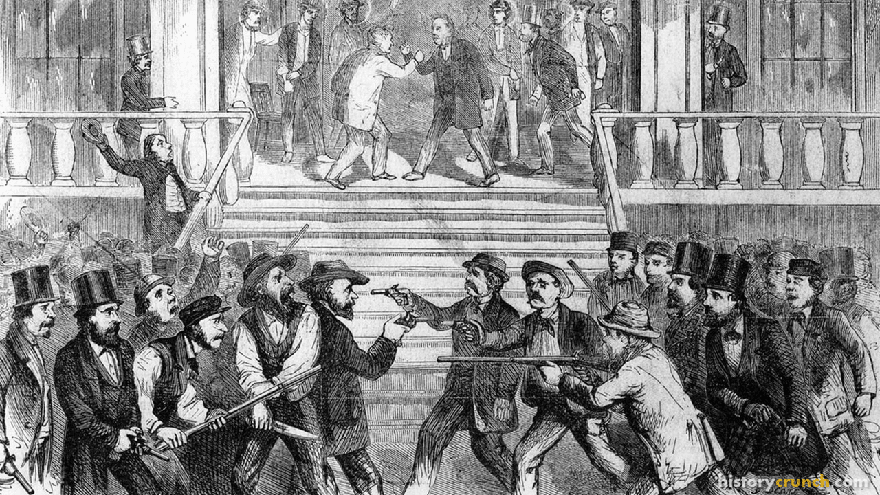 Violence erupts between 'pro-slavery' and 'anti-slavery' groups in Kansas during the events of Bleeding Kansas.