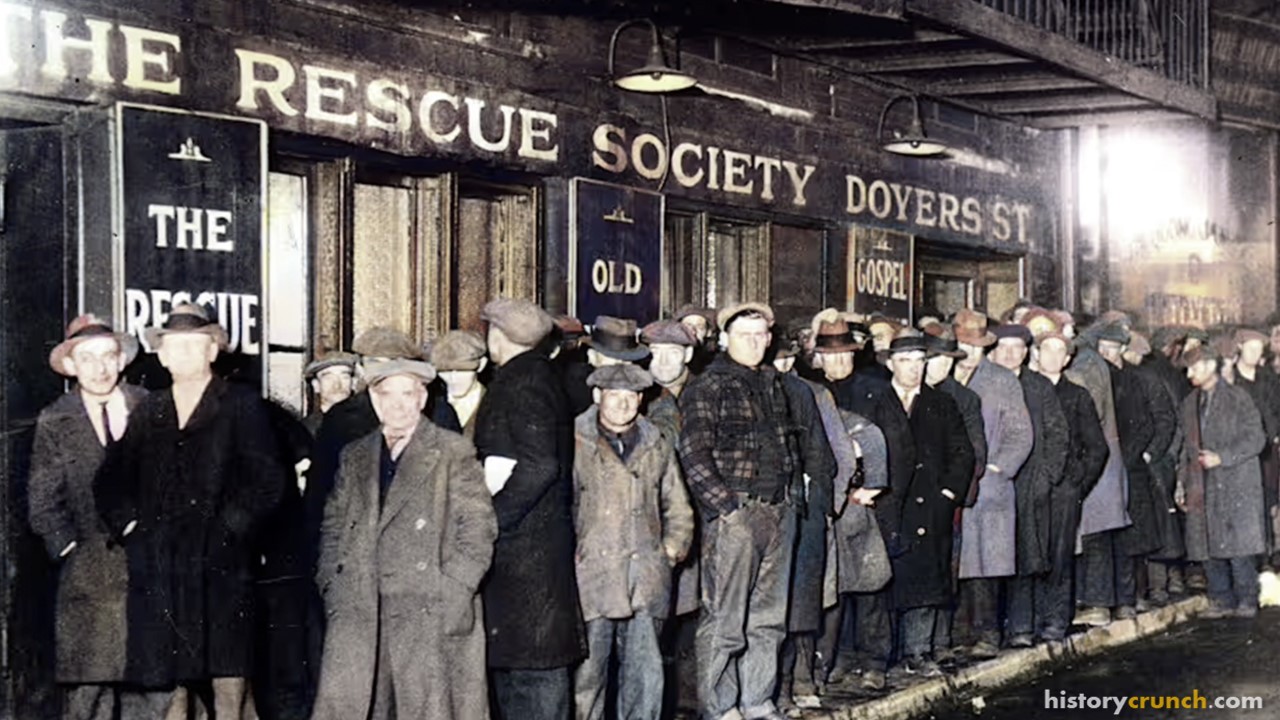 Economics in the Great Depression was characterized by high unemployment and the stock market crash of 1929. (Colorized by historycrunch.com)