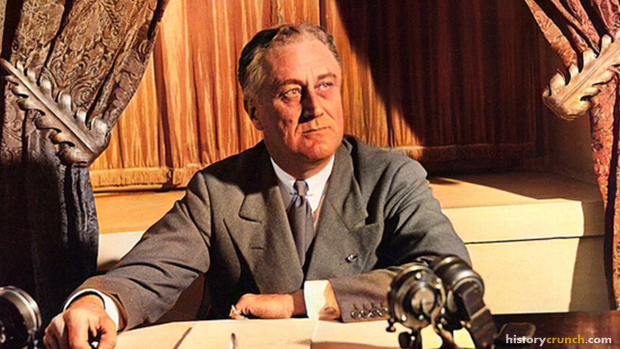 President Franklin D. Roosevelt broadcasting his First Fireside Chat. (Colorized by historycrunch.com)