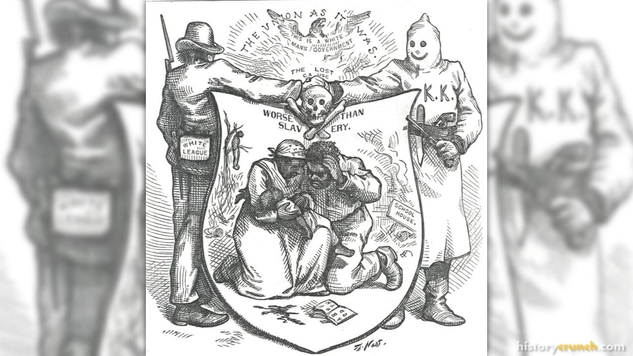 Cartoon from 1874 that shows that the Ku Klux Klan made life worse for former slaves.