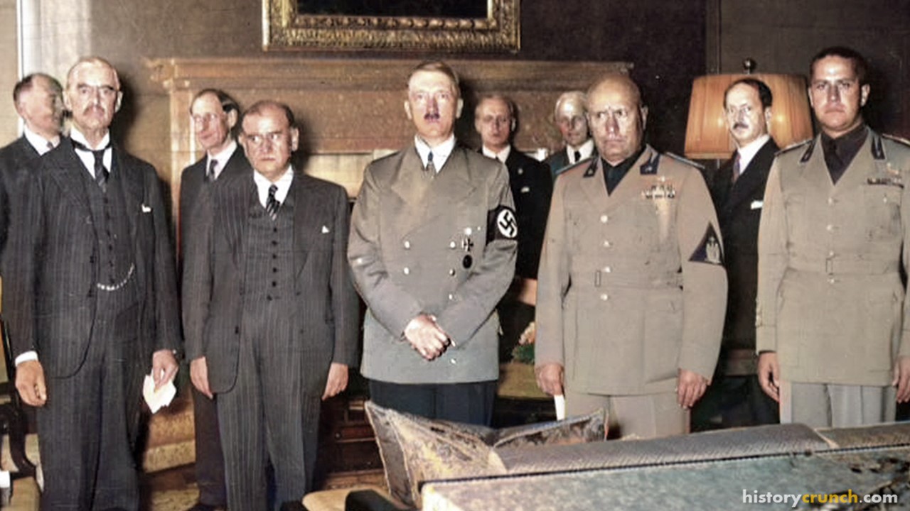 Neville Chamberlain, Édouard Daladier, Adolf Hitler and Benito Mussolini during the Munich Conference. (Colorized by historycrunch.com)