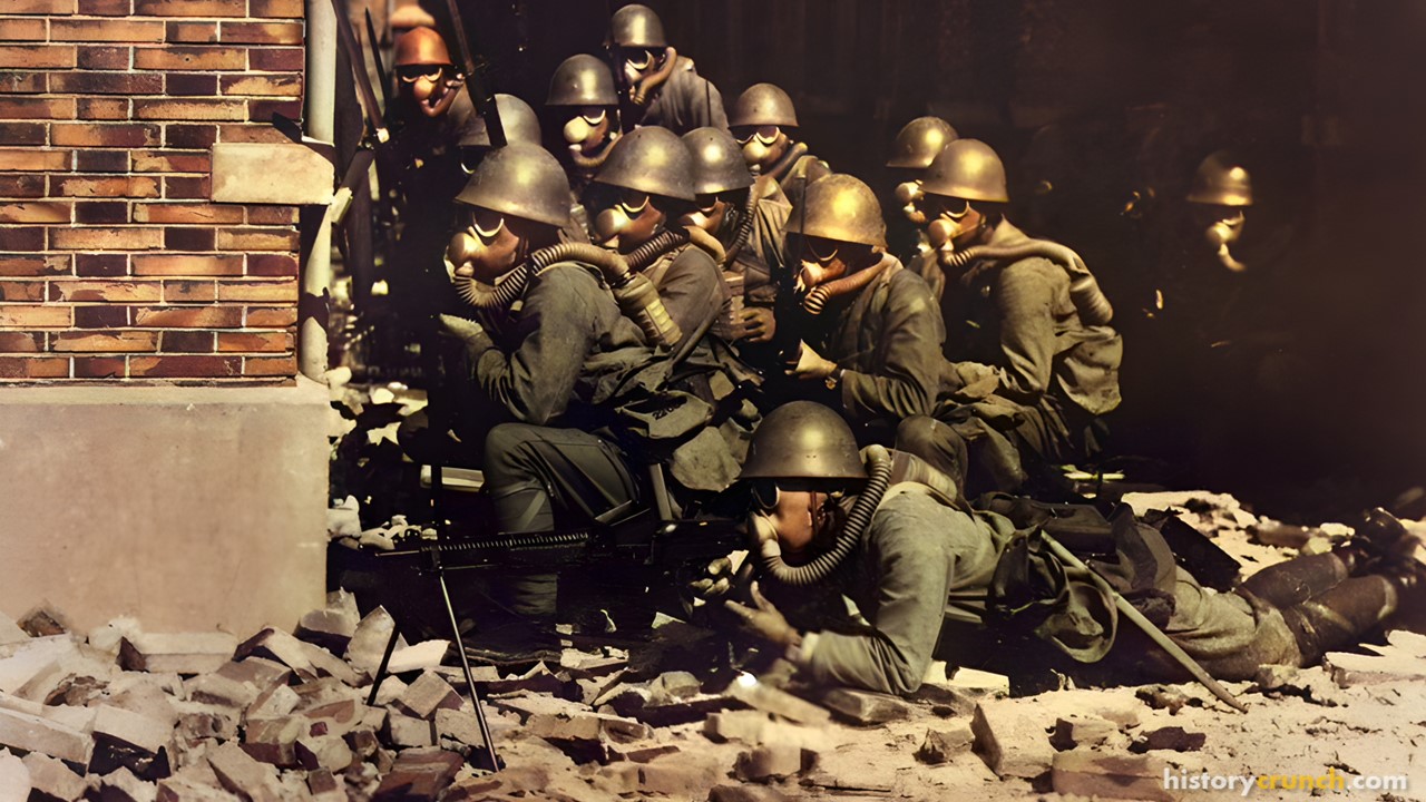 The Imperial Japanese Navy (IJN) troops in gas masks prepare for an advance during the Battle of Shanghai. (Colorized by historycrunch.com)