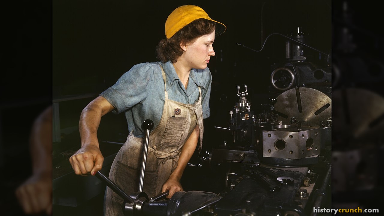 Female factory worker in 1942. Women played an important role in the American home front of World War II.