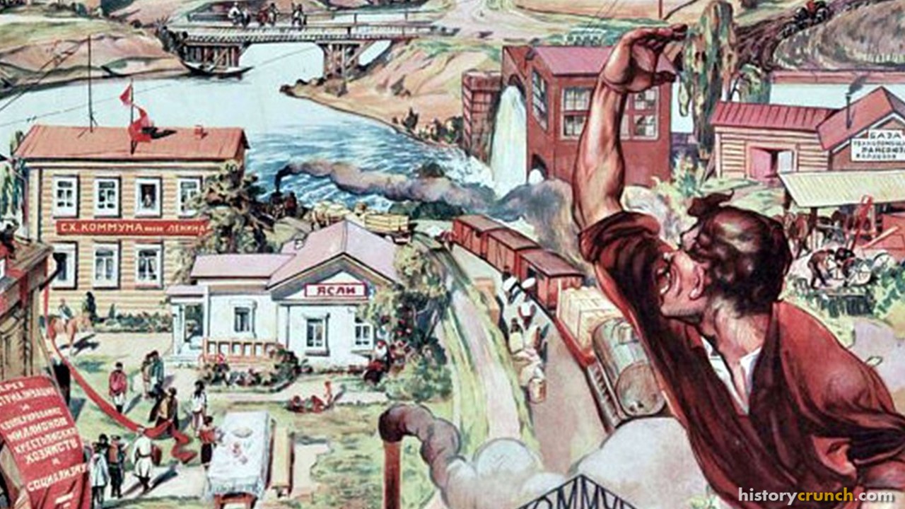 Excerpt of poster called 'On the Path to Collectivization' from 1930. Highlights the process of Collectivization in the Soviet Union.