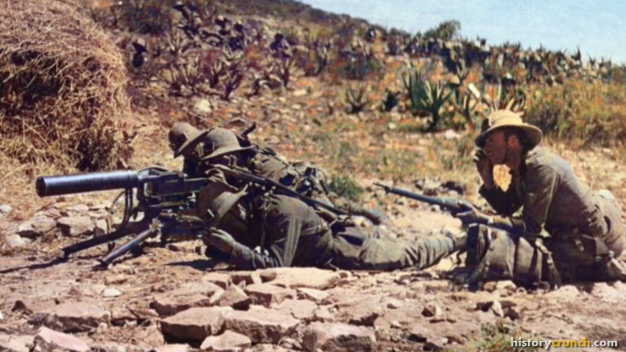 Italian soldiers with a machinegun during the Italian Invasion of Ethiopia in 1935. (Colorized by historycrunch.com)