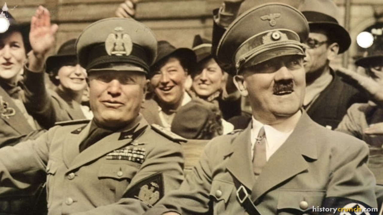Benito Mussolini and Adolf Hitler in 1938. (Colorized by historycrunch.com)