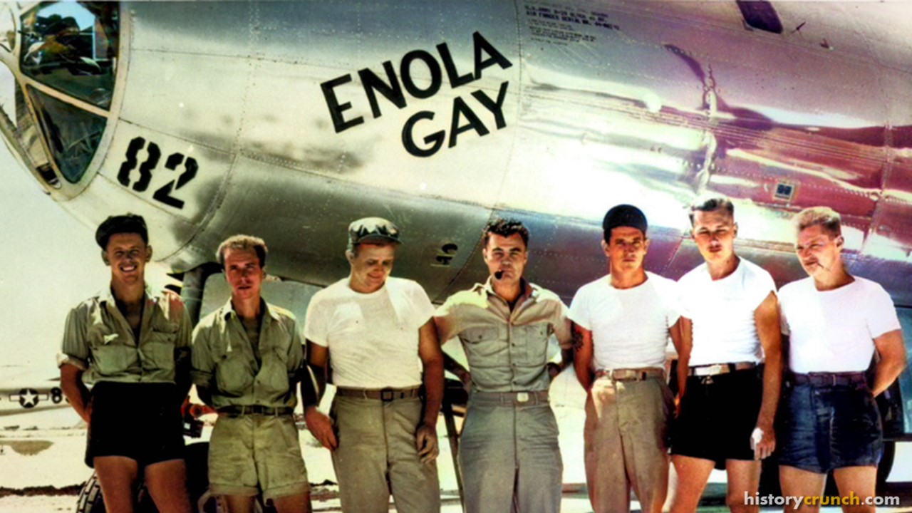 The Enola Gay dropped the 'Little Boy' atomic bomb on Hiroshima in 1945. Pilot, Paul Tibbets, can be seen in the center. (Colorized by historycrunch.com)
