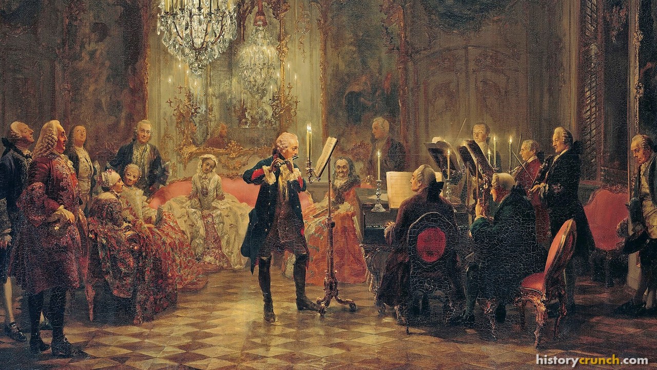 'The Flute Concert of Sanssouci' by Adolph von Menzel (1852) Shows Frederick the Great playing the flute in his music room at Sanssouci, the Prussian Palace.