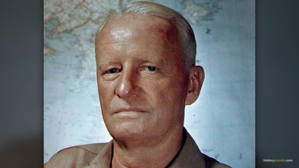 Admiral Chester Nimitz, commander of U.S. naval forces in the Pacific during World War II, is shown in a military portrait with a map visible in the background.
