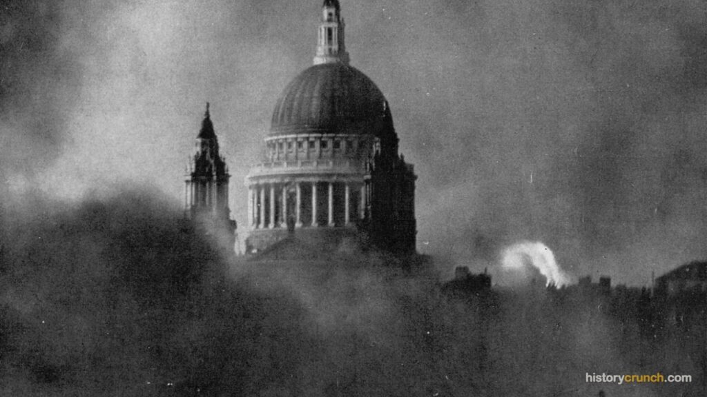 Smoke surrounds St. Paul's Cathedral in London during a German bombing raid on the city in World War II.