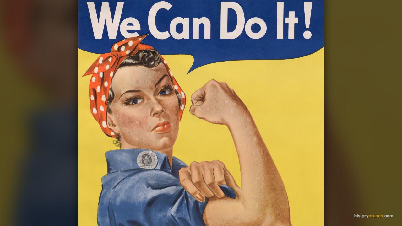 This 1943 poster by J. Howard Miller shows a woman in a blue work shirt and red polka-dot headband flexing her arm, and was used to encourage women to take factory jobs during World War II.