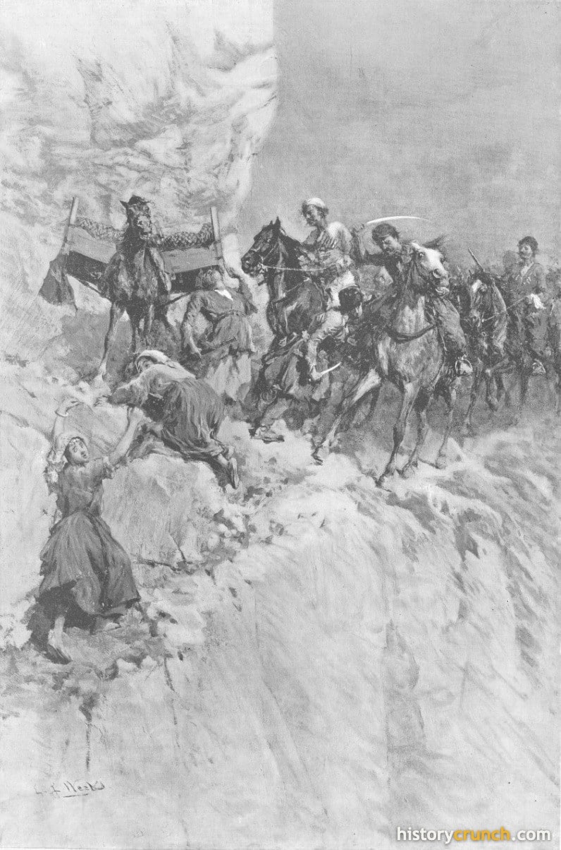 Retreating Armenian villagers pursued by Kurdish horsemen during the Hamidian Massacres, Harper's Weekly, 1896.