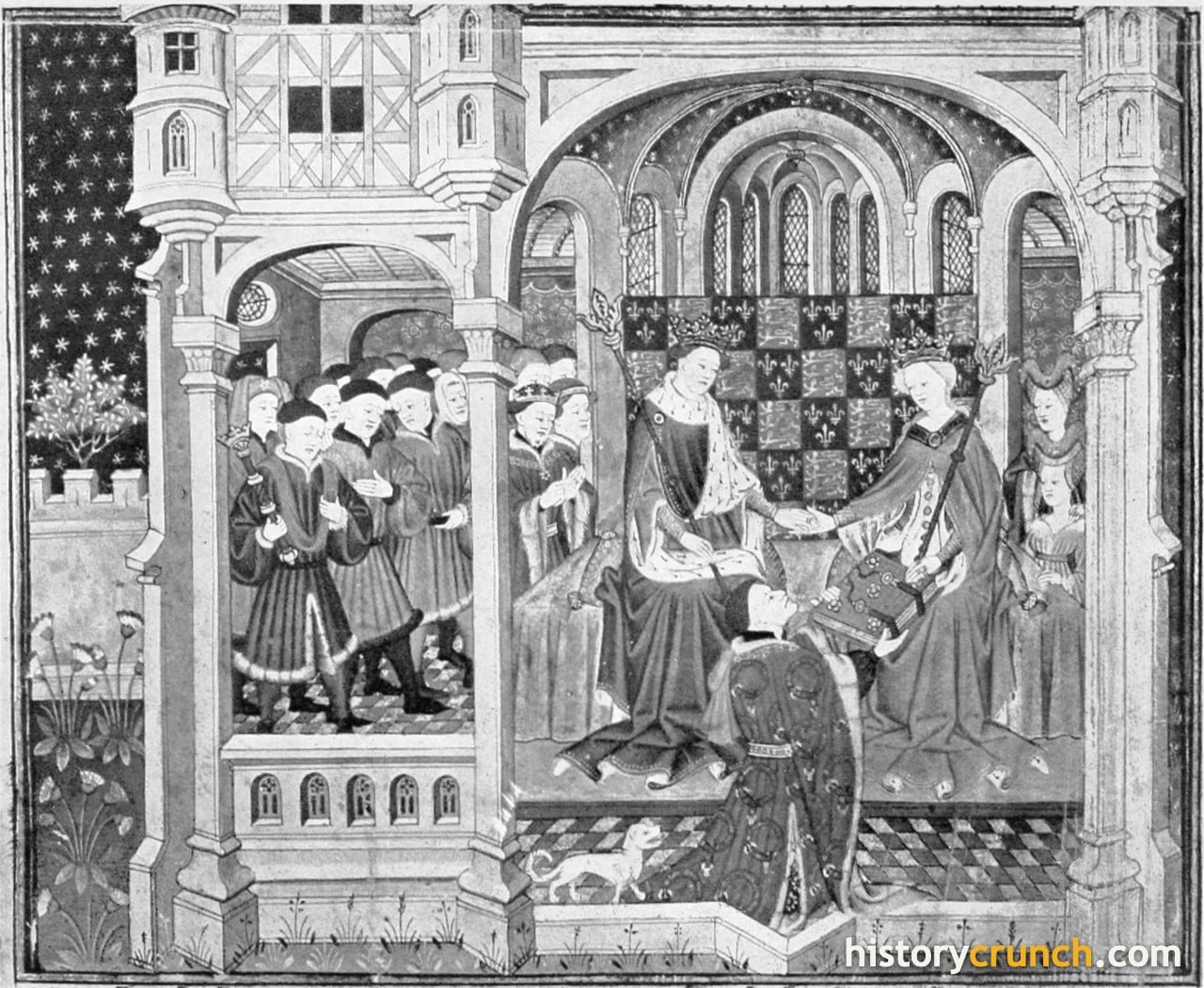'Talbot Presenting a Book to Margaret of Anjou and Henry VI' by an unknown artist. (about 1445)