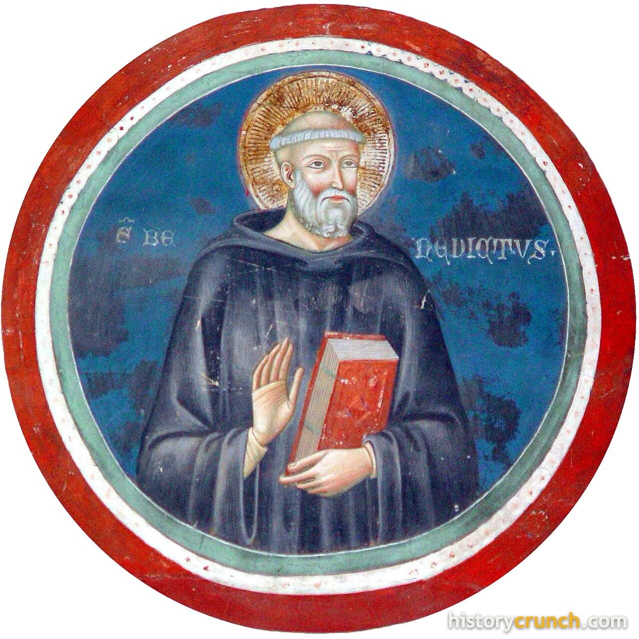 Medieval fresco of Saint Benedict of Nursia holding the book of his Rule. (CC BY-SA 3.0, via Wikimedia Commons)
