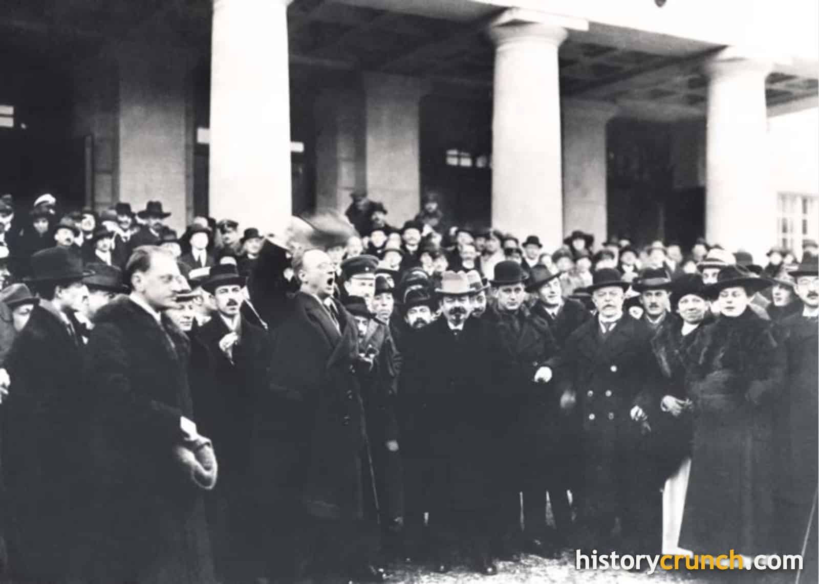 A crowd outside the theater in Weimar cheers the election of Friedrich Ebert as president, February 11th, 1919.