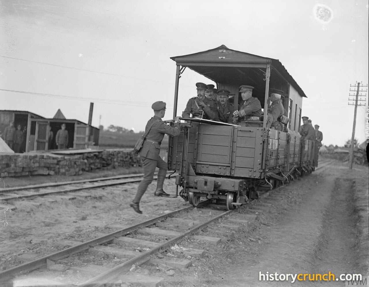 King George V on a light railway at the Western Front.